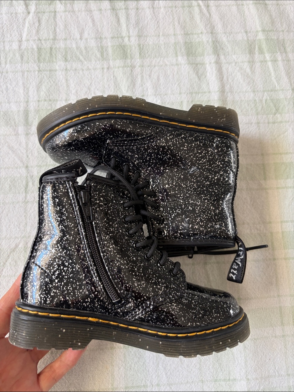 Dr. Martens Black Glitter Combat Boots with Yellow Stitching